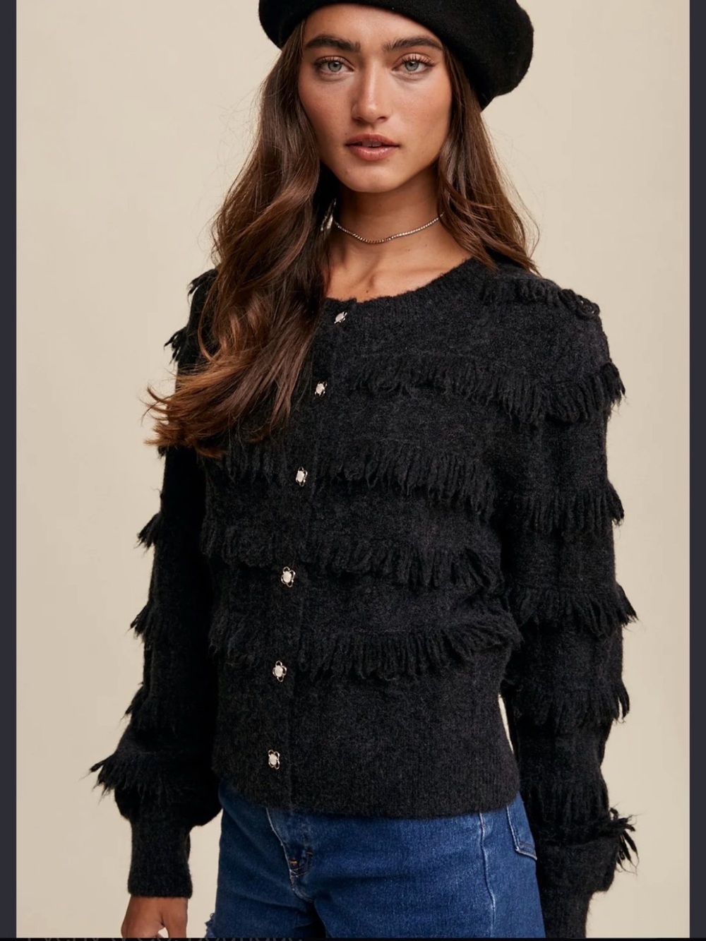 Black Fringe Detail Button-Up Sweater Cardigan